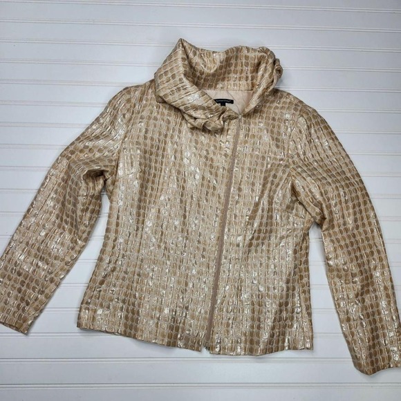 Samuel Dong Women's‎ Gold Wire Edged Collar Metallic Offset Zippered Jacket Sml - Picture 1 of 5